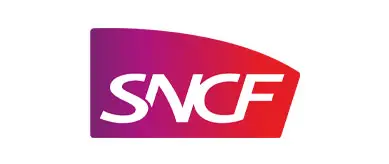 Logo SNCF écriture blanche sur fond rouge et violet