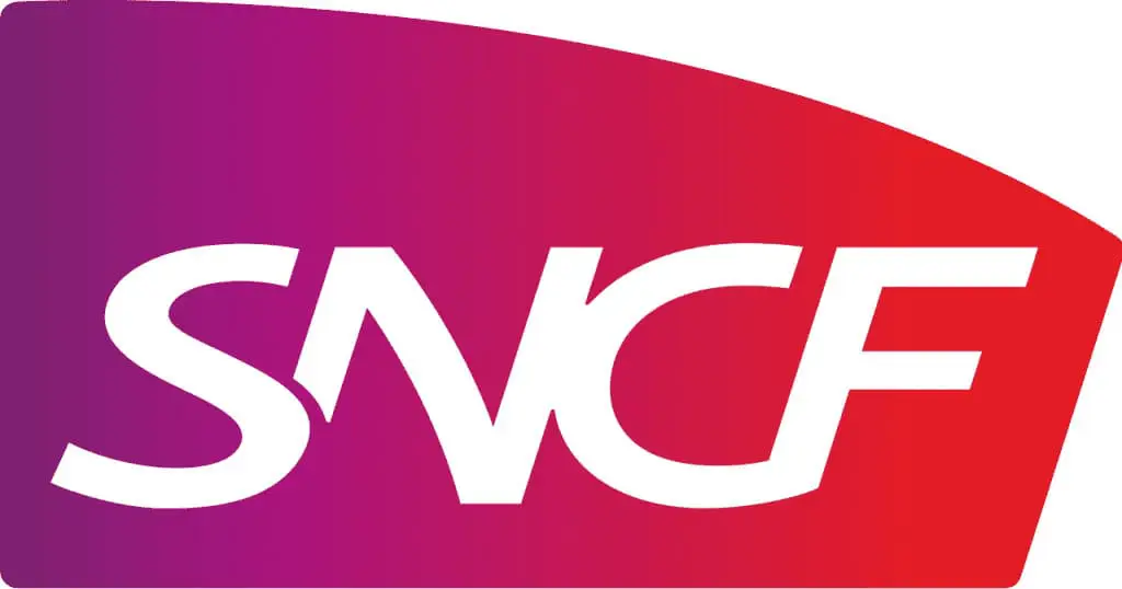 Logo SNCF blanc sur fond rouge avec dégradé qui vire sur du violet