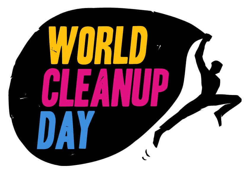 Logo World Cleanup Day avec un homme qui porte une bulle