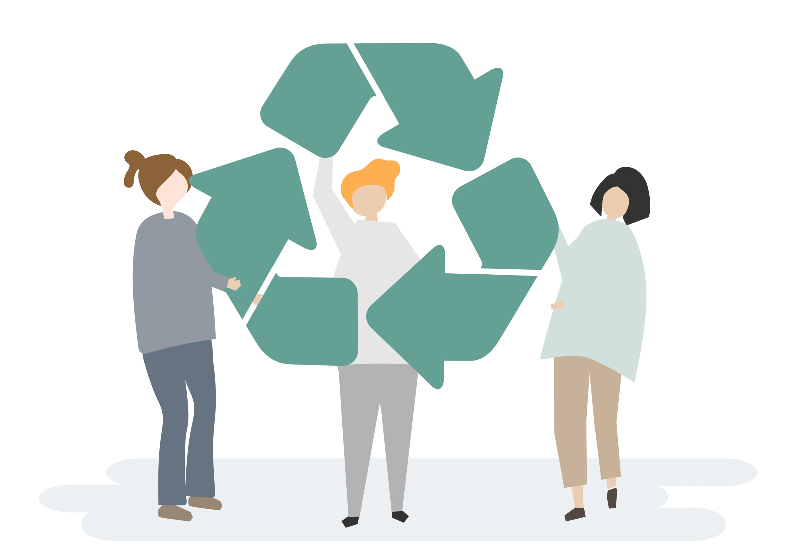 Trois personnages féminins qui tiennent le logo recyclage