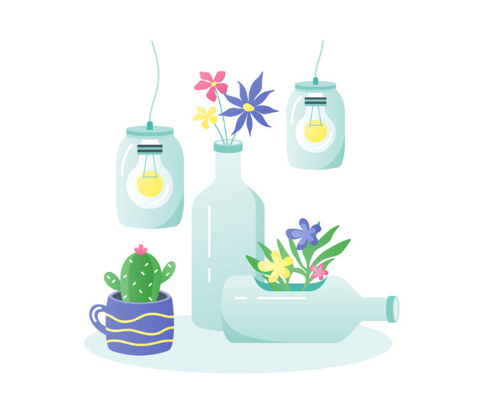 Bouteille transformée en vase, tasse transformée en vase avec un cactus et support pour ampoules.