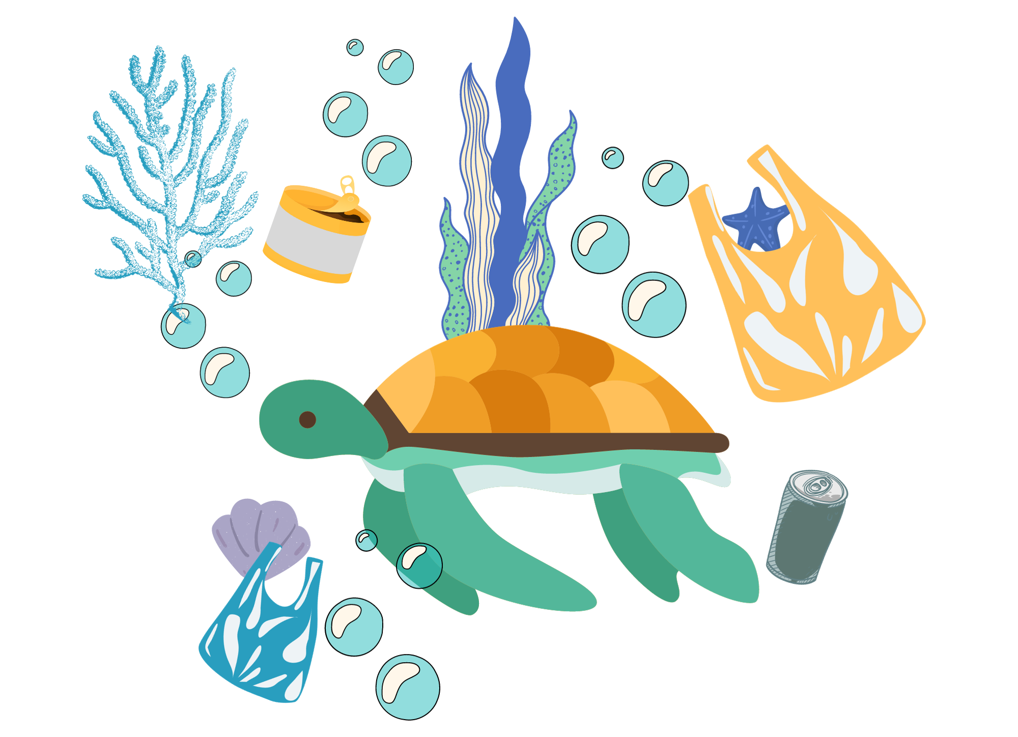 Pictogramme d'une tortue en pleine mer avec des déchets autour d'elle
