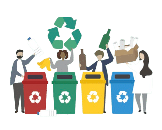 Poubelle rouge, verte, jaune et bleue sur lesquelles est apposé le logo du recyclage. Devant chaque poubelle, un personnage tient un emballage.