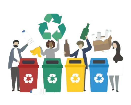 Poubelle rouge, verte, jaune et bleue sur lesquelles est apposé le logo du recyclage. Devant chaque poubelle, un personnage tient un emballage.