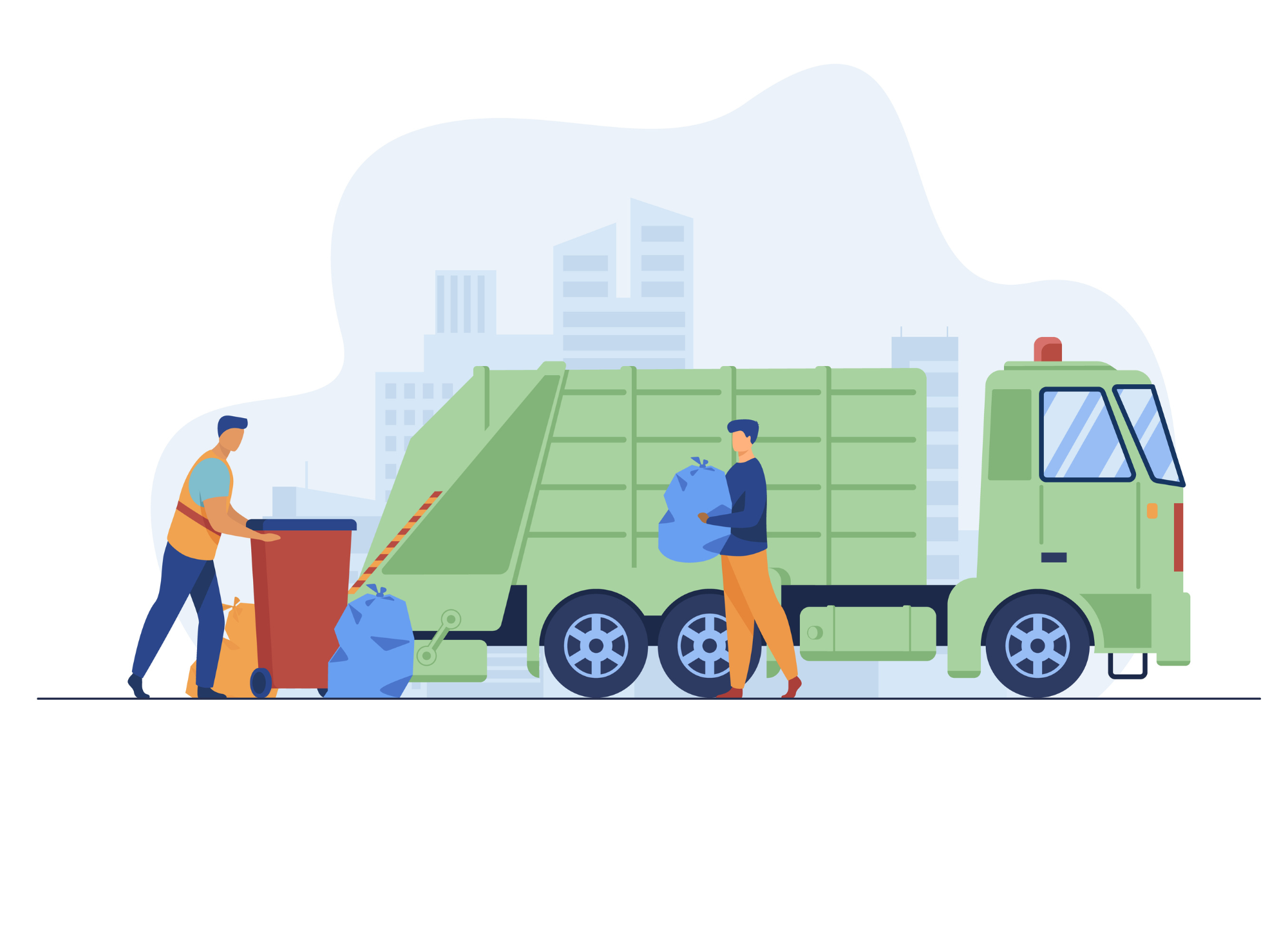 Camion à poubelles avec deux éboueurs qui vident les poubelles à l'intérieur