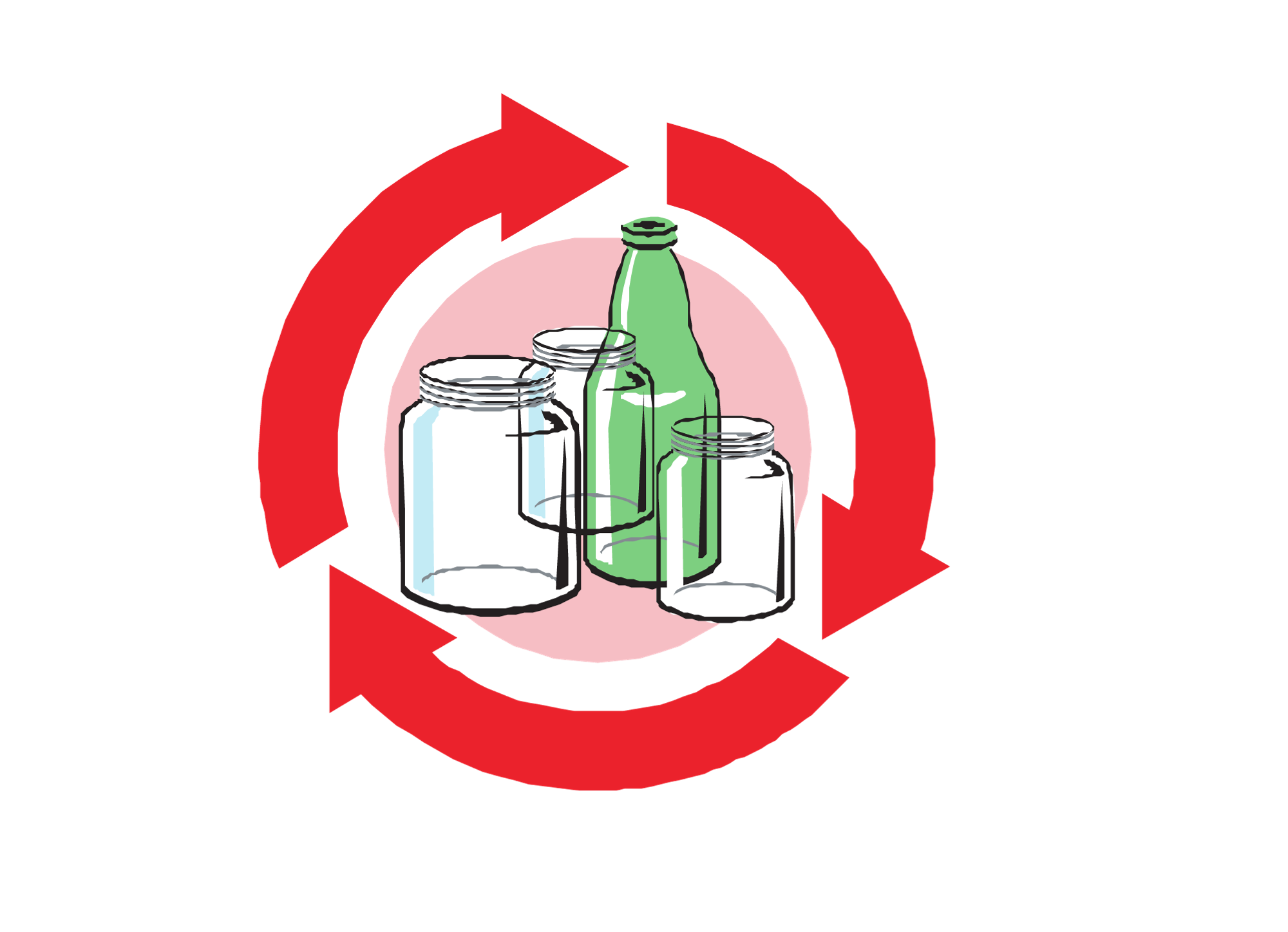 Picto recyclage rouge avec à l'intérieur des pots et bouteilles en verre et plastique