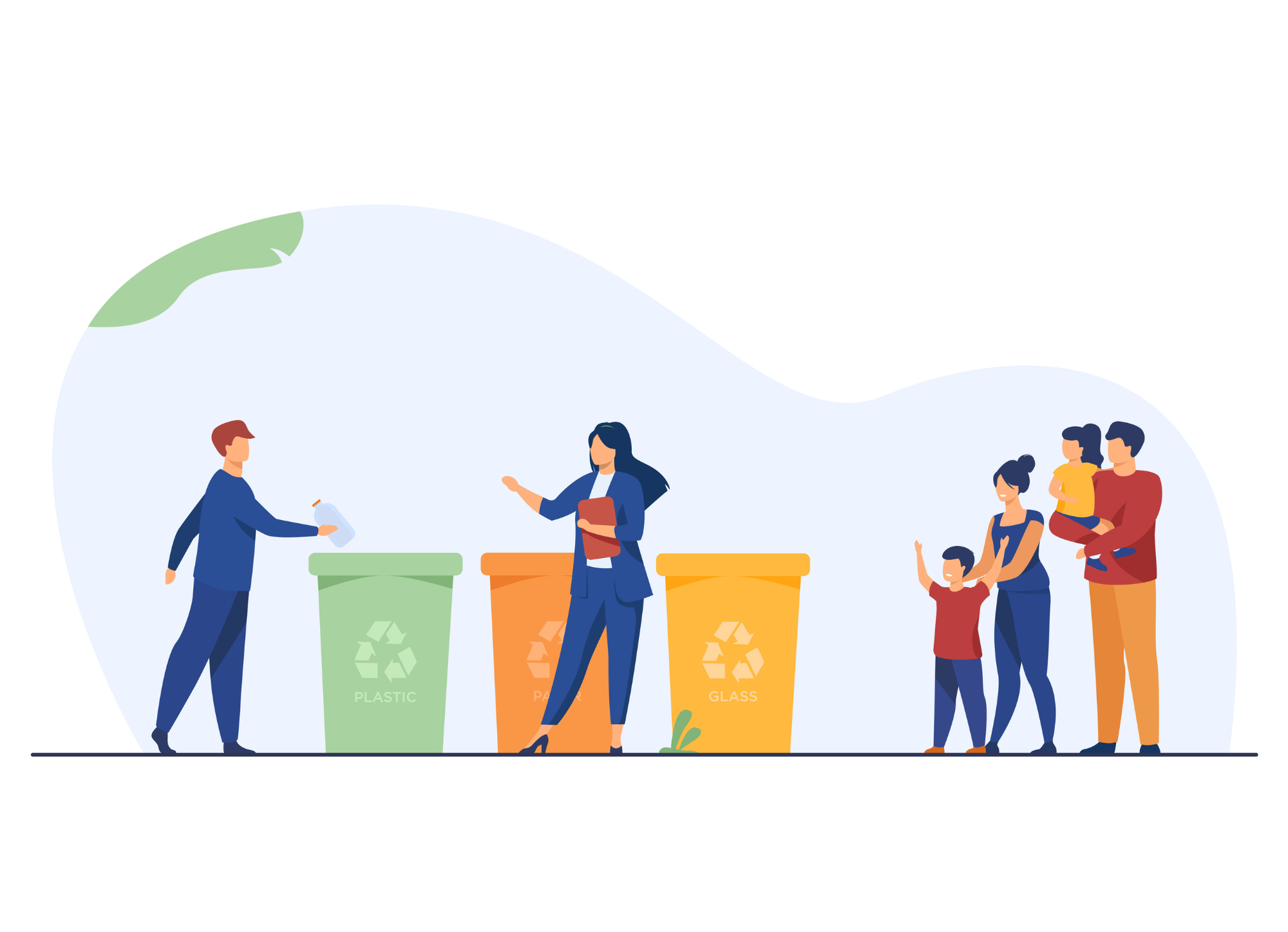 Famille devant trois poubelles de recyclage ( verte, orange, jaune) regarde une personne placé sa bouteille en plastique dans l'une d'elle. ( poubelle verte)