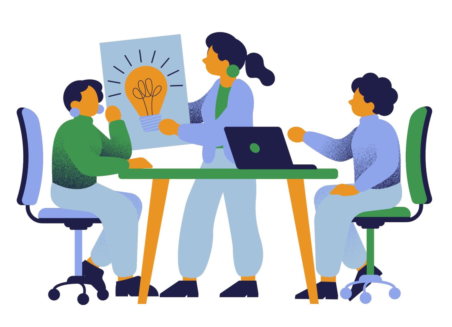 Trois personnes sont réunis autour d'une table et l'une tient une pancarte avec l'illustration d'une ampoule dessus.