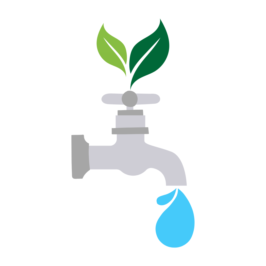 Robinet qui est ouvert, de l'eau coule. Des feuilles vertes sont en haut du robinet.