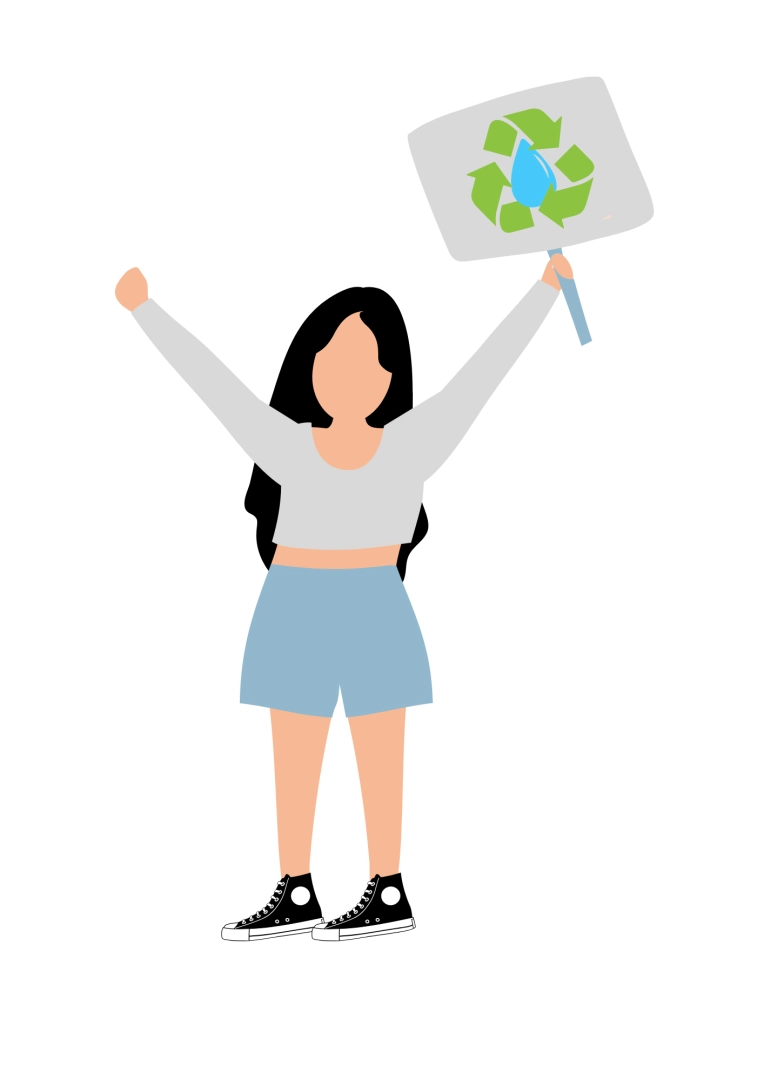 Jeune femme qui tient une pancarte à la main pour militer pour le recyclage de l'eau.