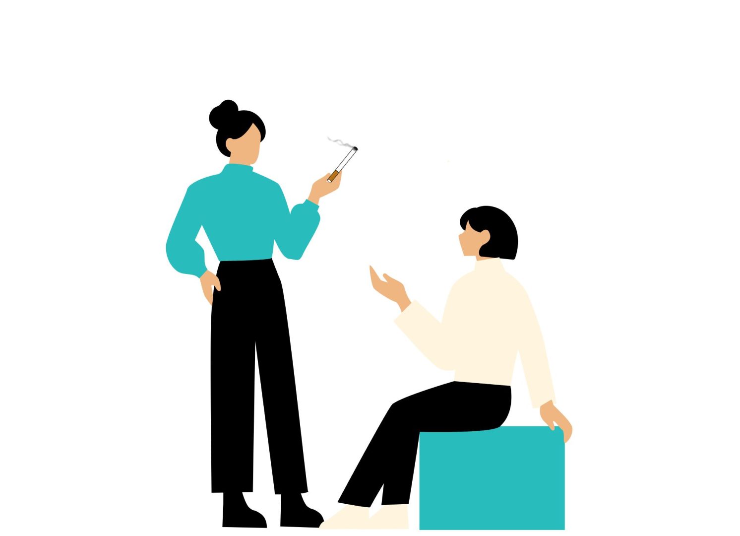 Une femme assise discute avec une autre femme qui est debout avec une cigarette à la main.