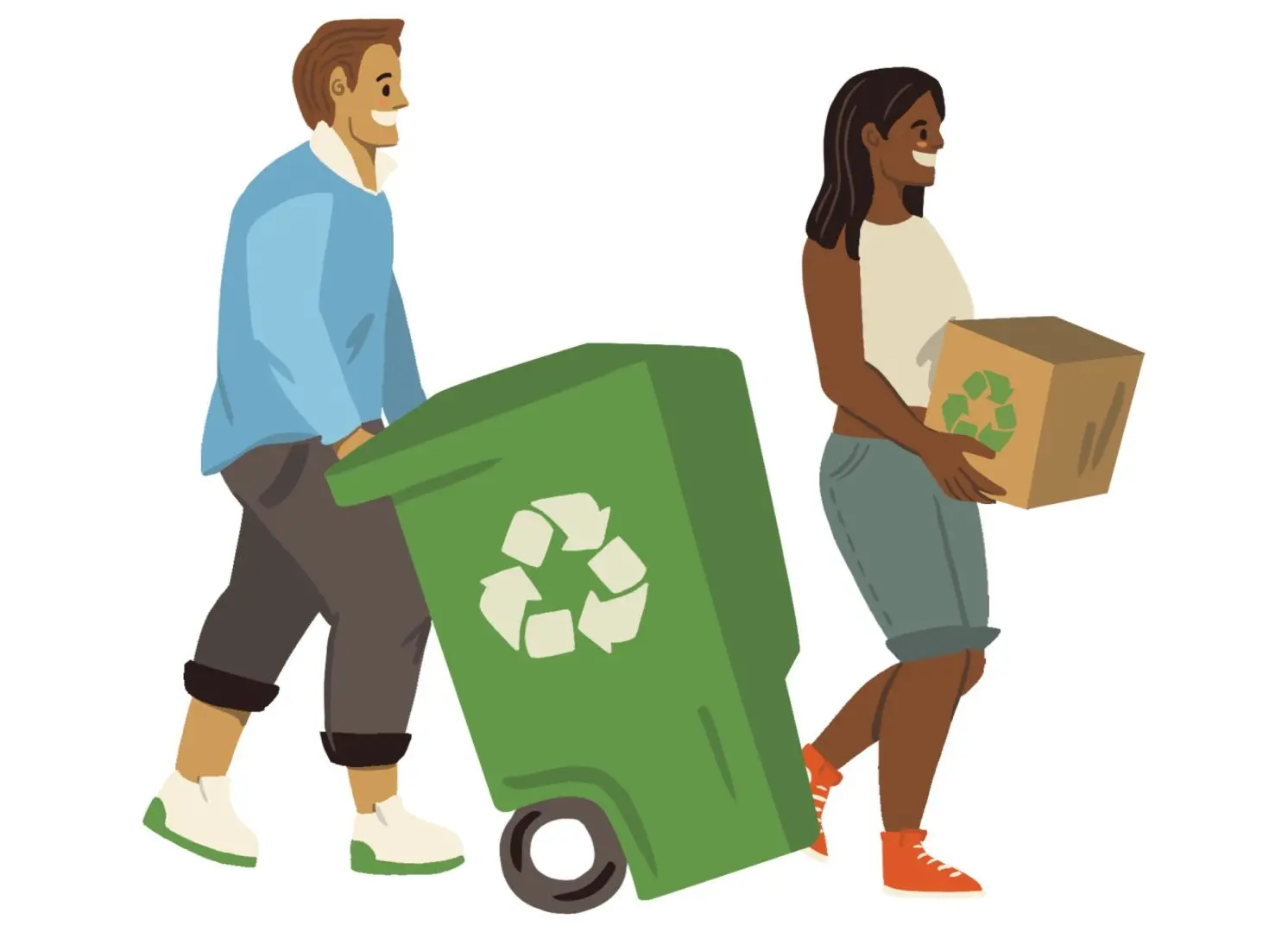 Pictogramme d'un homme qui pousse une poubelle et femme qui tient un carton