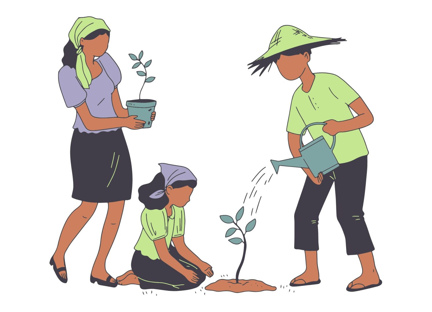 Trois personnes qui font du jardinage