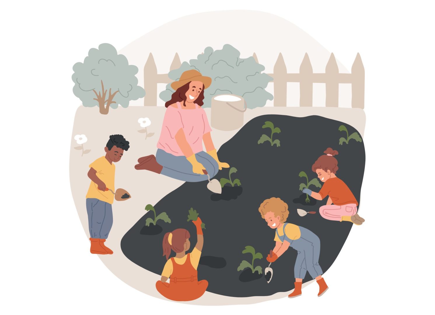 Des enfants plantent des fleurs avec une femme