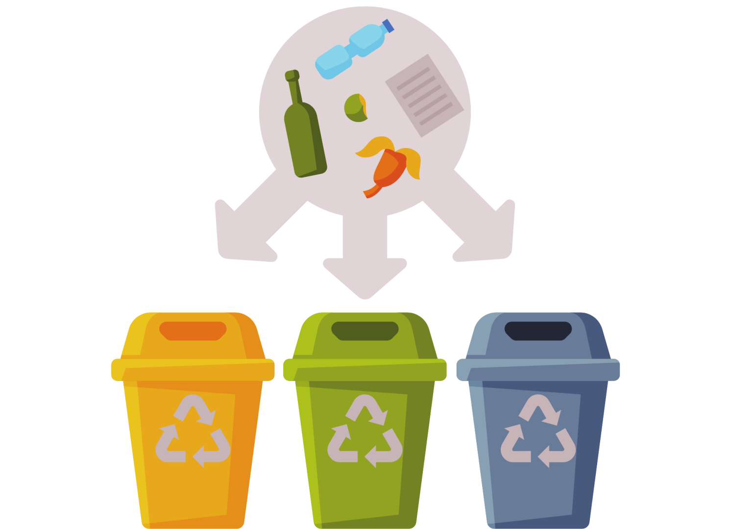 Trois poubelles pour faire le tri sélectif des déchets à la maison