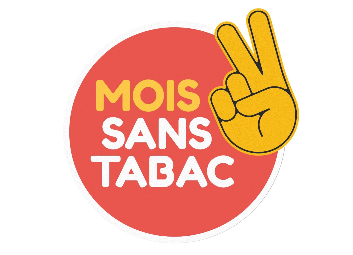 Logo du Mois Sans Tabac - rond rouge écriture blanche, un main à deux doigts en l'air