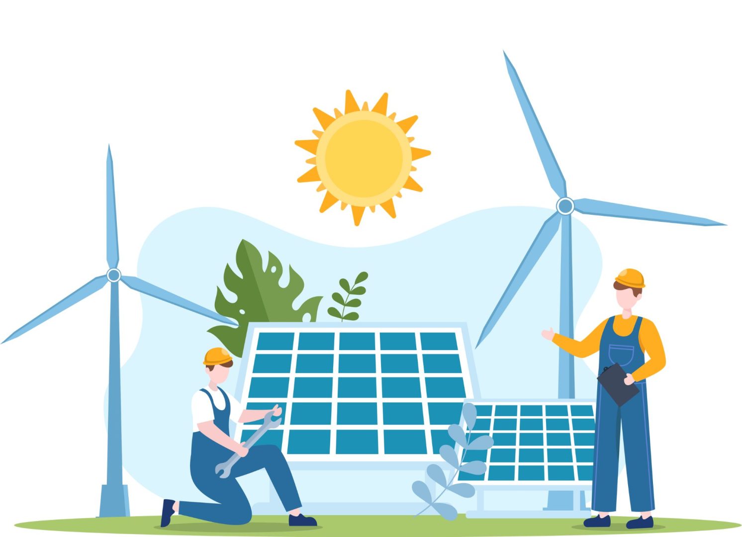 Pictogramme de deux hommes avec des panneaux solaires et éoliennes en arrière-plan