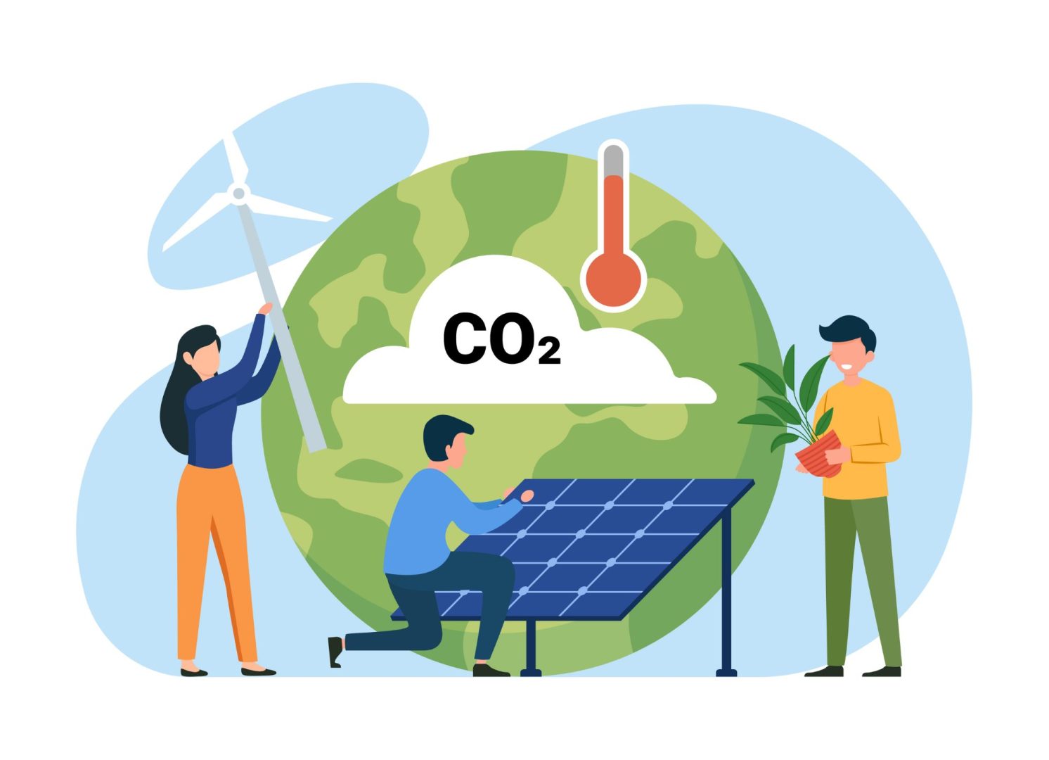 Pictogramme de trois personnes devant la terre mettant en avant des solutions pour la réduction des émissions de CO²