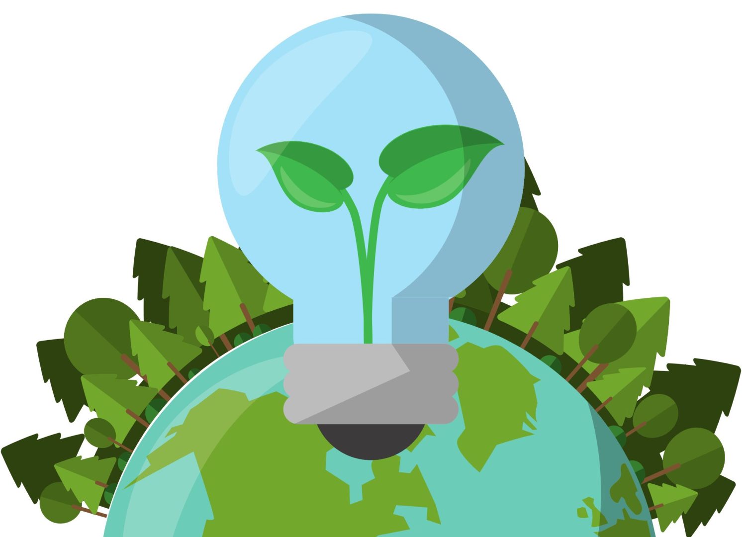 Pictogramme d'une ampoule mise au premier plan et au second plan il y a une terre avec une forêt d'arbres