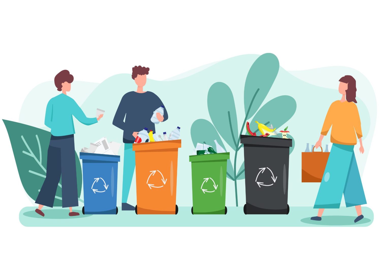 Pictogramme de trois personnes en train de faire leur tri dans les différentes poubelles