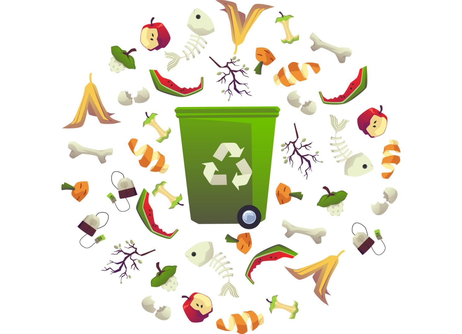 Pictogramme d'une poubelle verte avec plein de fruits, légumes et déchets autour