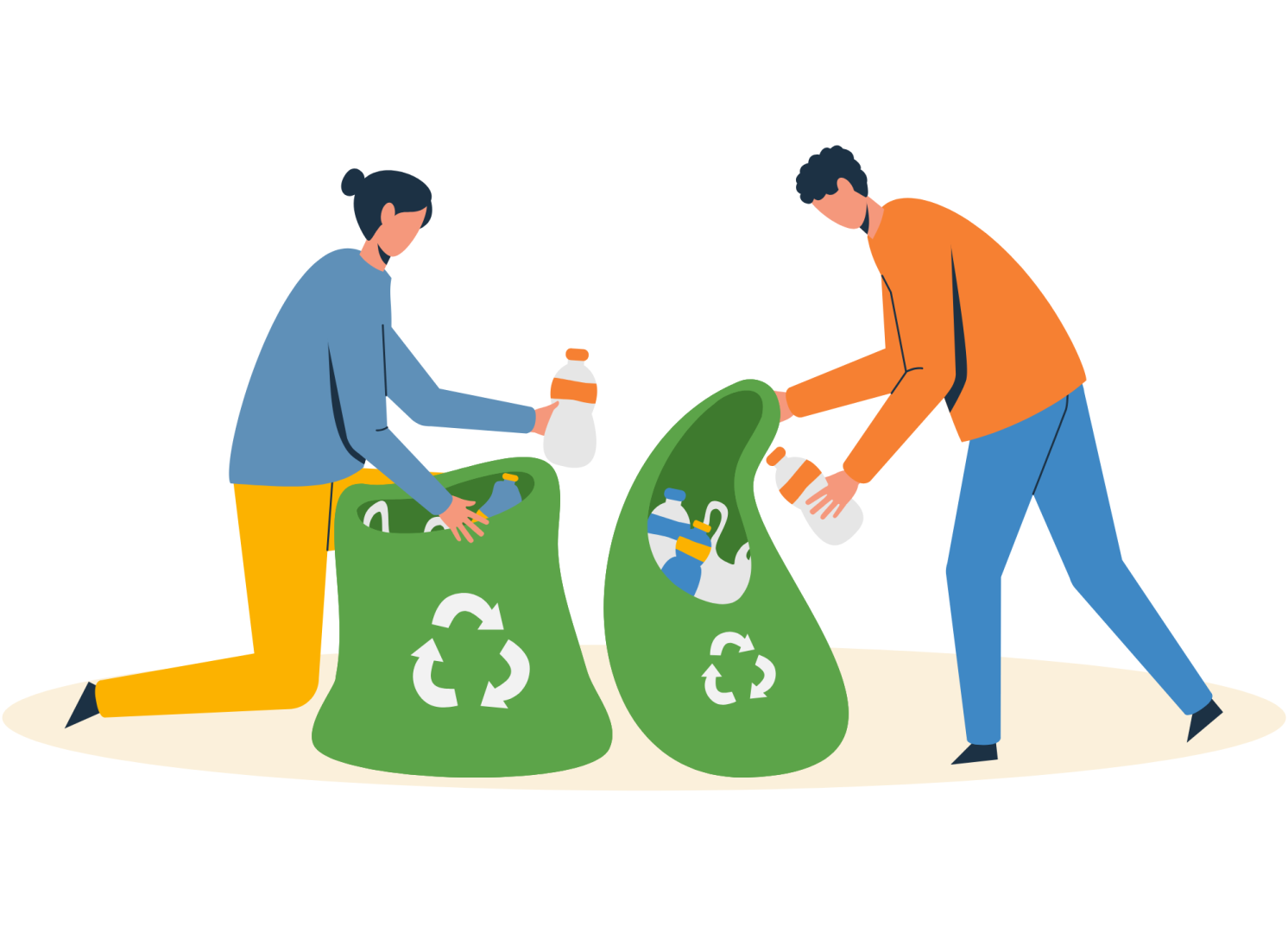 Pictogramme de deux personnes qui mettent des bouteilles plastiques dans des sacs