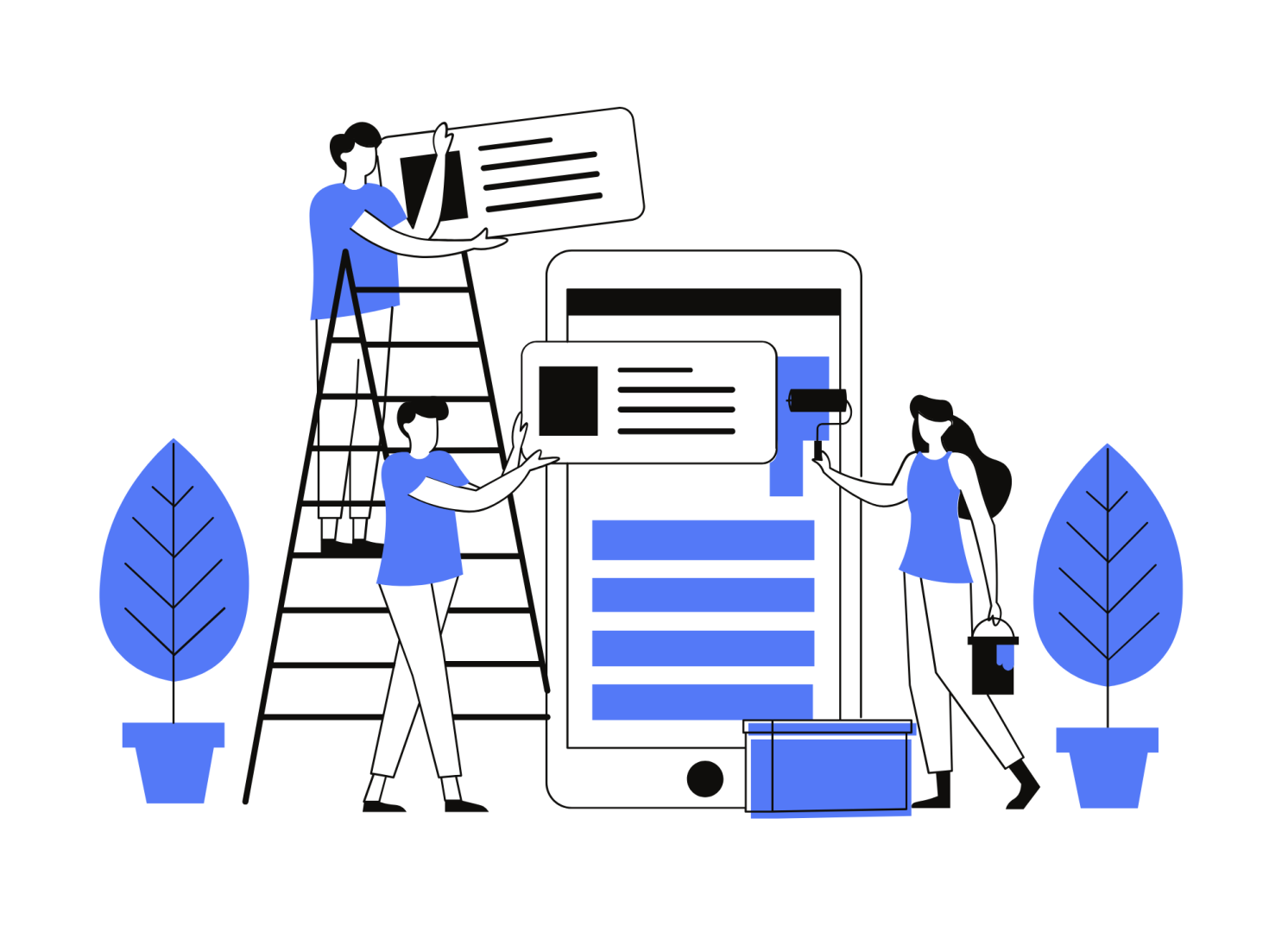 Pictogramme de trois personnes construisent une application mobile sur un grand smartphone.