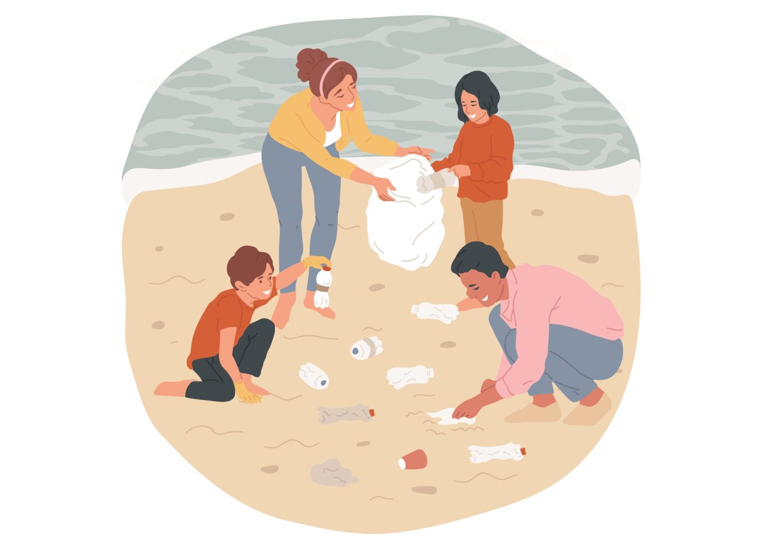 Pictogramme d'une famille qui ramasse les déchets sur une plage