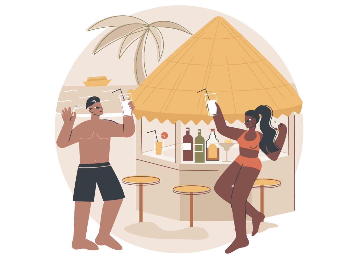 Pictogramme de deux personnes en terrasse sur la plage qui fument