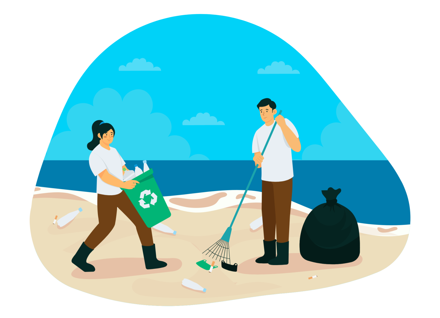 Pictogramme de deux personnes qui ramassent des déchets sur une plage