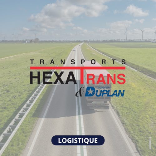Image d'un camion sur une route avec le logo HEXATrans au premier plan