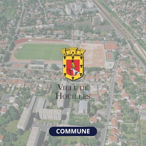 Image d'une mairie avant au premier plan le logo de la commune de Houilles