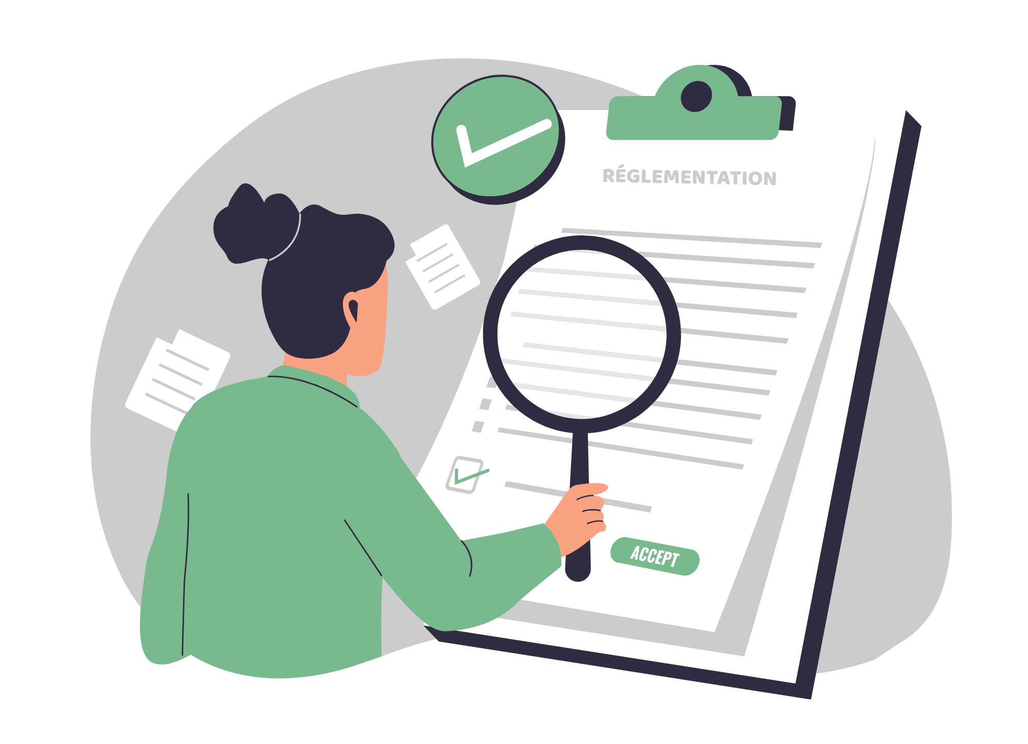 Pictogramme d'une femme étudiant la réglementation