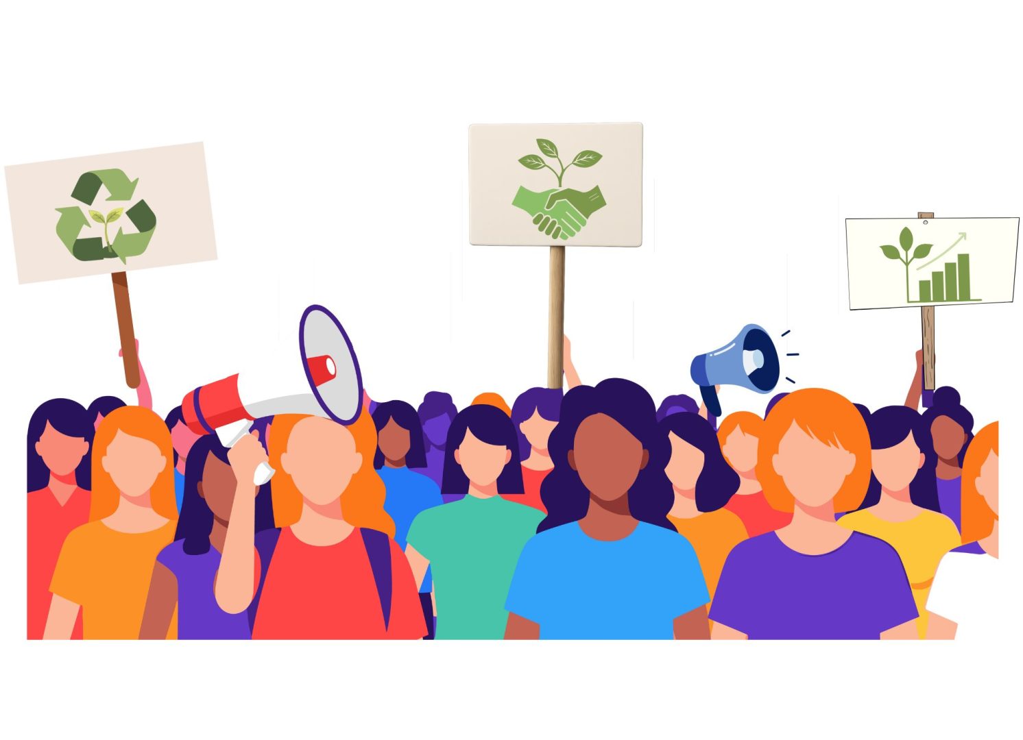 Illustration d'un groupe brandissant des panneaux avec des pictos de l'économie circulaire