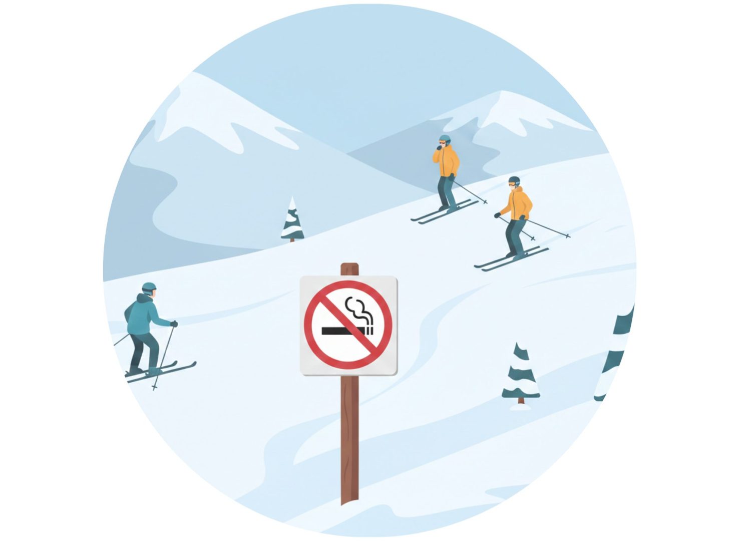 Image de skieurs sur une piste de ski avec un panneau illustrant une cigarette barrée