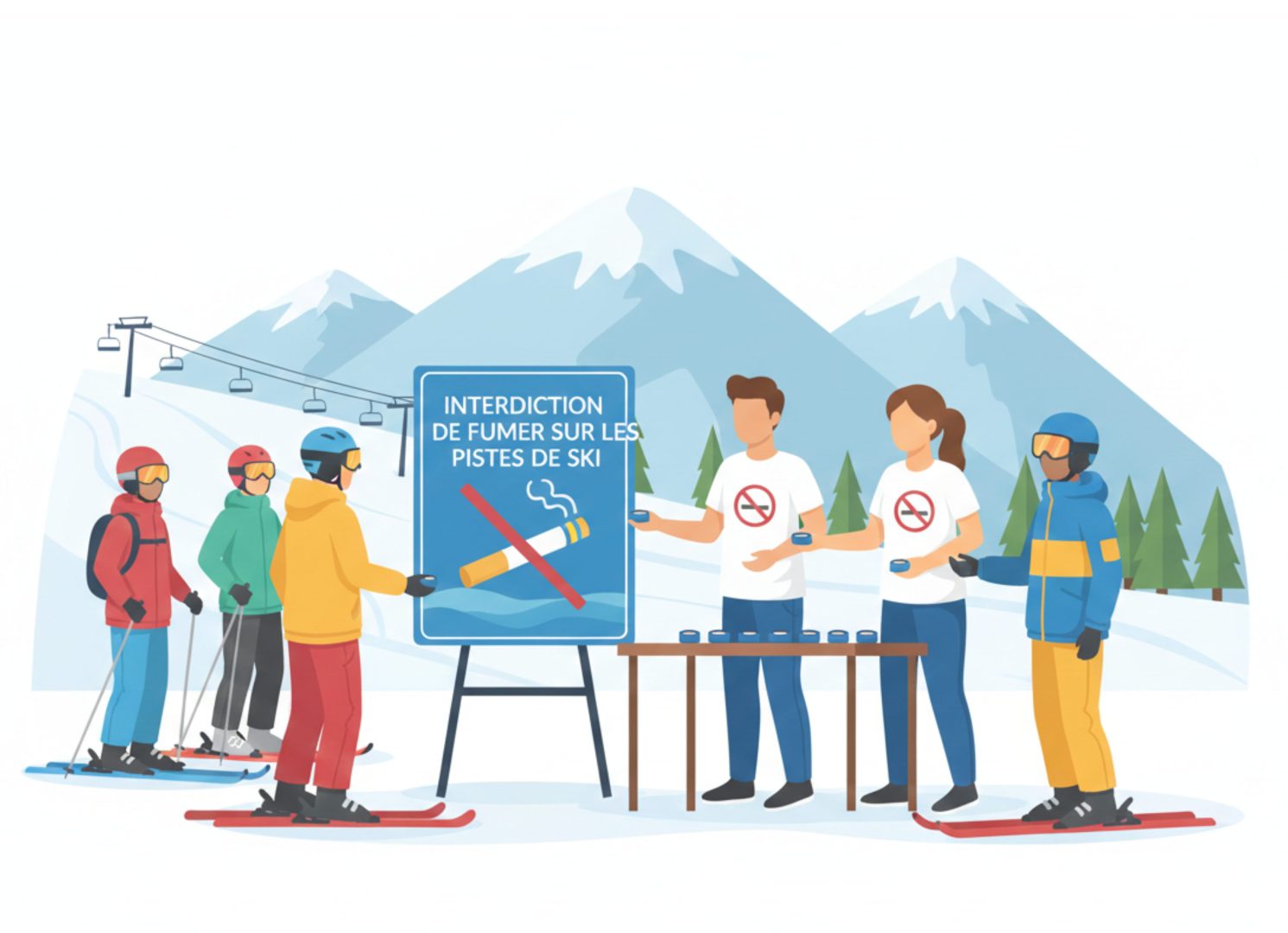 Image d'un groupe de personnes sensibilisant les skieurs et l'interdiction de fumer sur les pistes