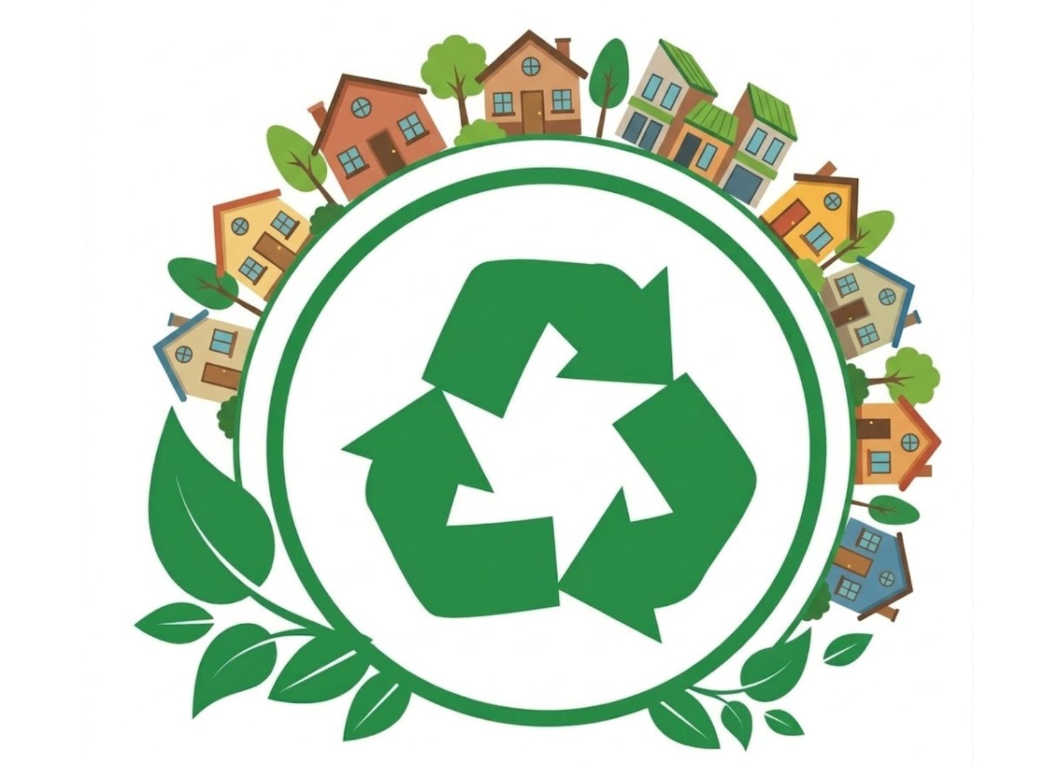 Image du logo recyclage avec des maisons tout autour
