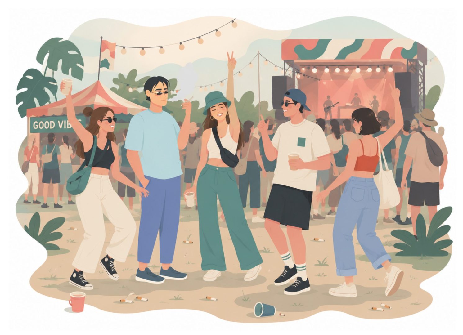 Illustration de jeunes faisant la fête avec des mégots au sol