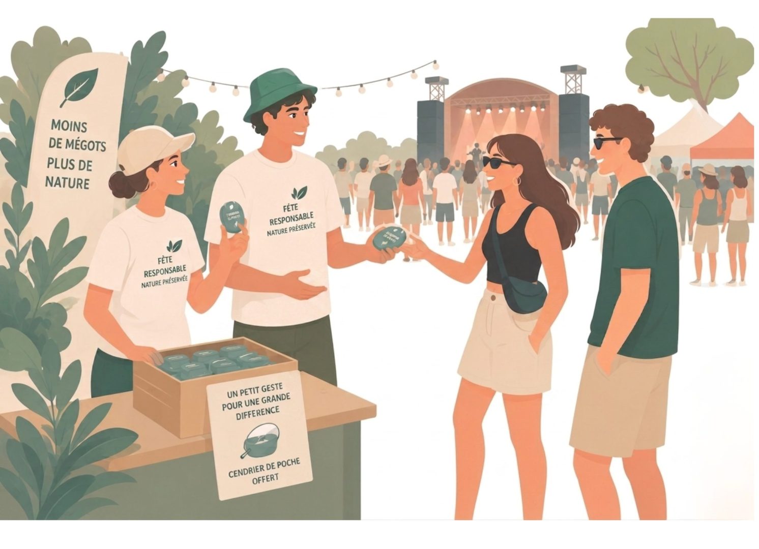 Illustration de jeunes sensibilisant deux amis au jet des mégots au sol