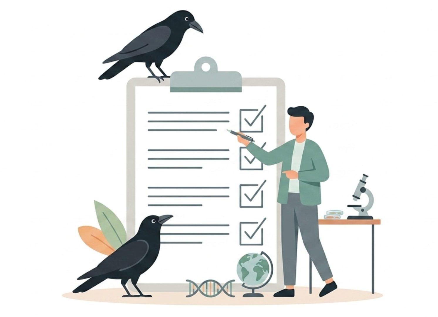 Illustration d'une personne qui énumère les qualités des corbeaux
