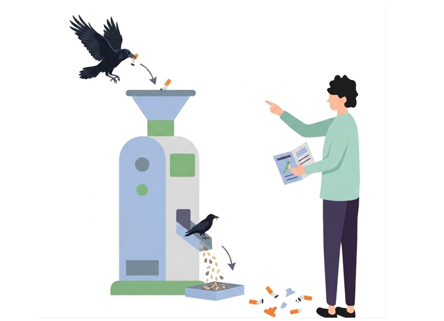 Illustration montrant une personne qui dresse un corbeau pour ramasser un mégot de cigarette