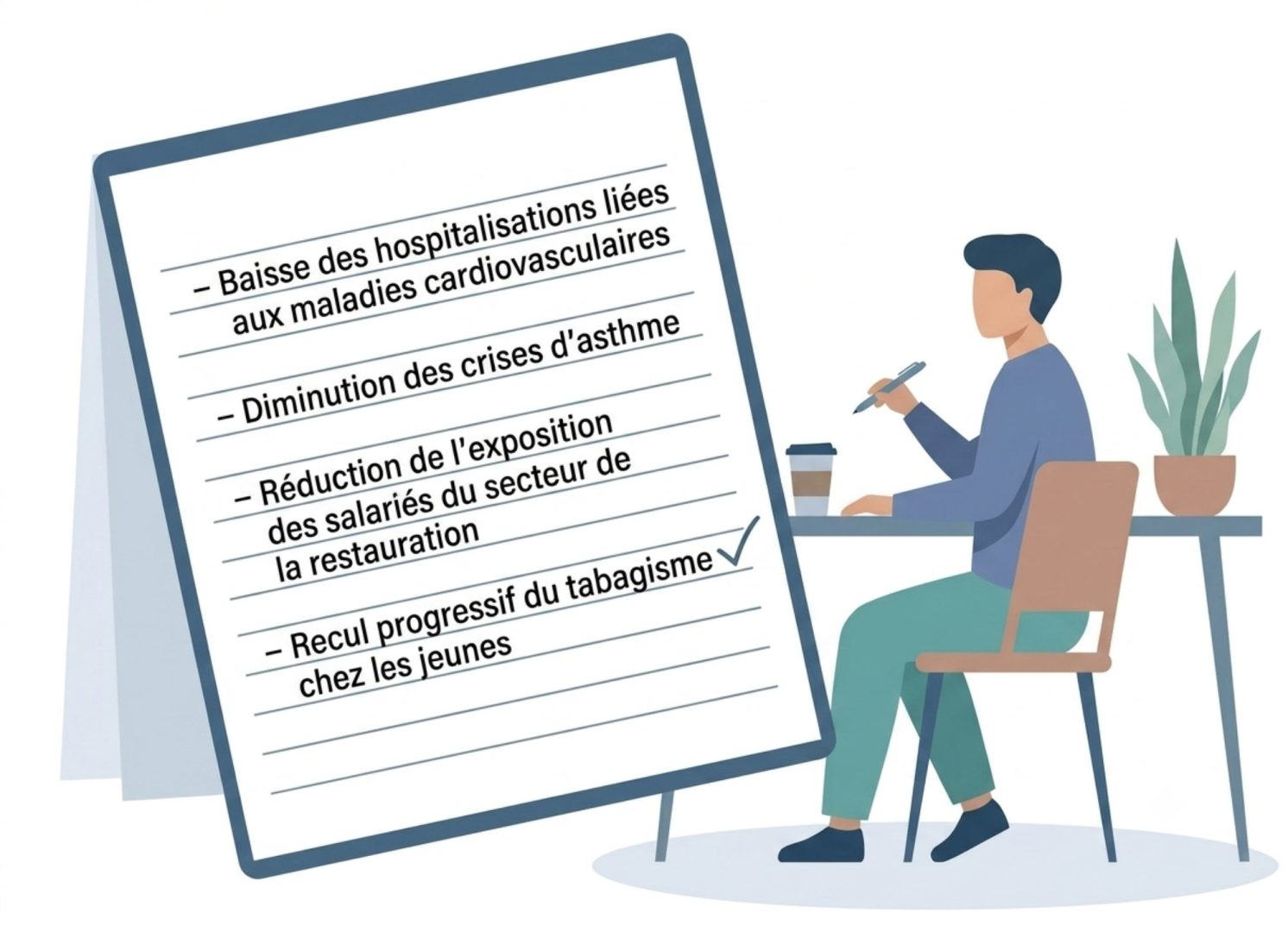 Illustration d'une personne qui note les effets positifs des endroits sans tabac
