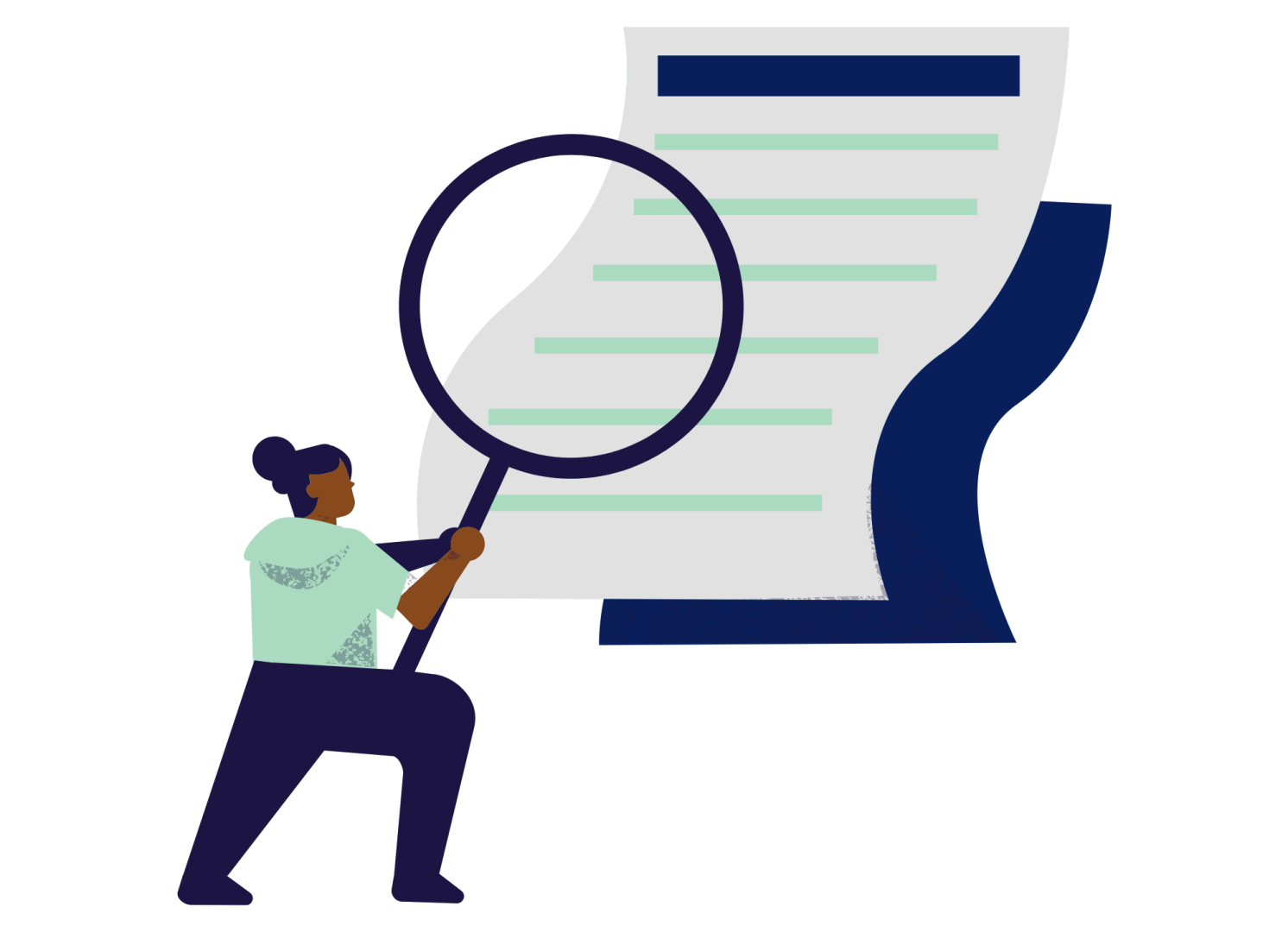 Pictogramme d'une femme avec une loupe dans les mains